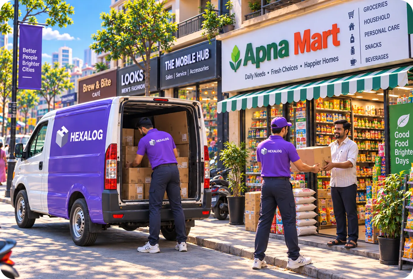 A Hexalog van unloading cartons and a colleague handing a parcel to a shopkeeper on a high street