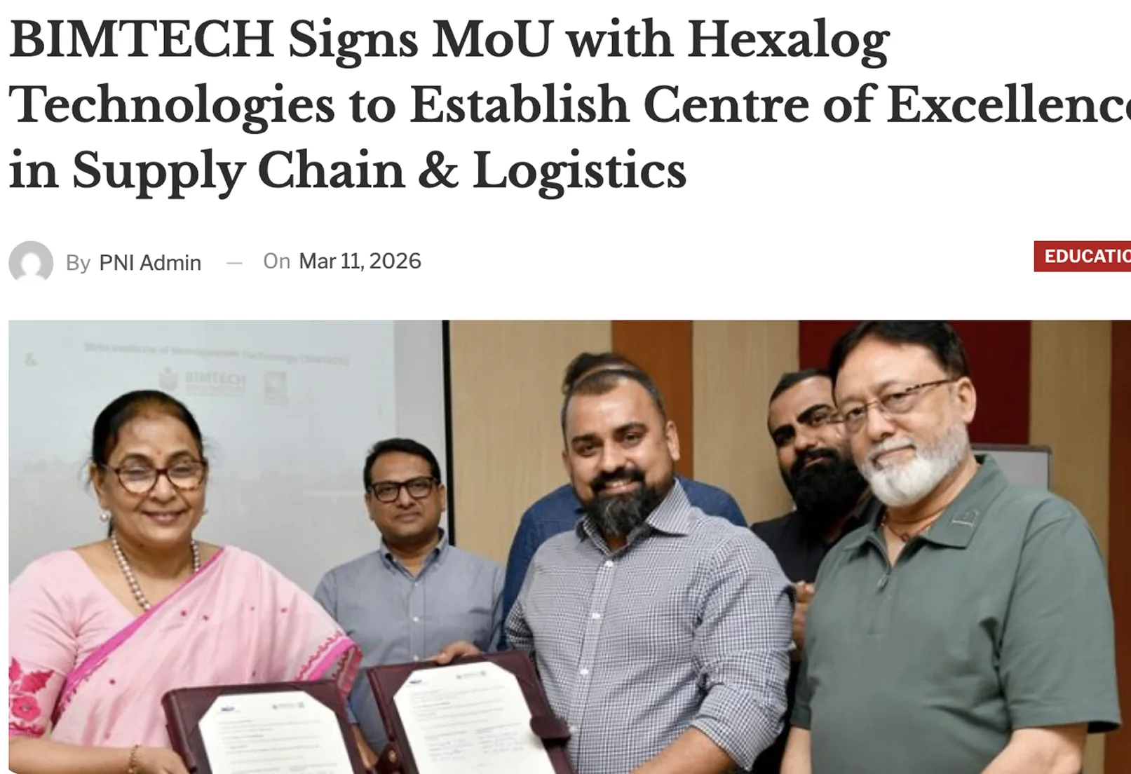 BIMTECH and Hexalog Technologies sign an MoU to set up a centre of excellence in supply chain and logistics