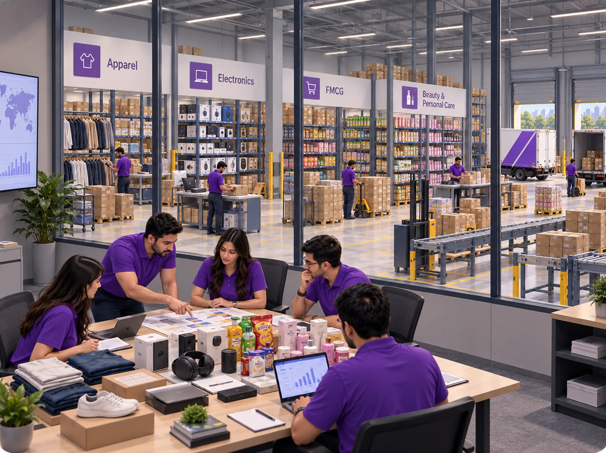 Apparel, electronics, beauty, pharma, auto parts and FMCG each handled on their own line, run from one control-tower floor