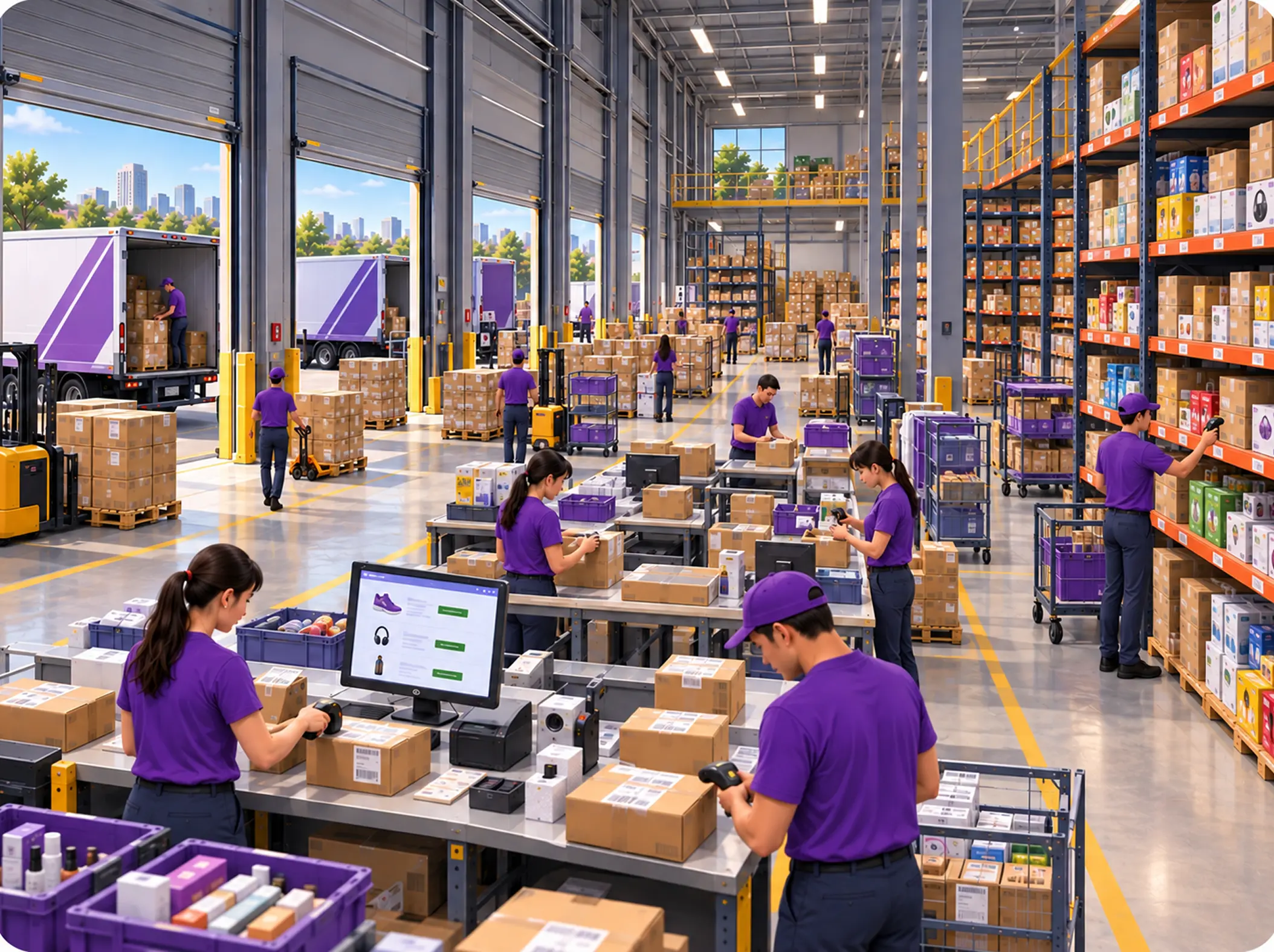 Fulfilment floor where a team photographs, picks and packs D2C orders beside a live channel dashboard