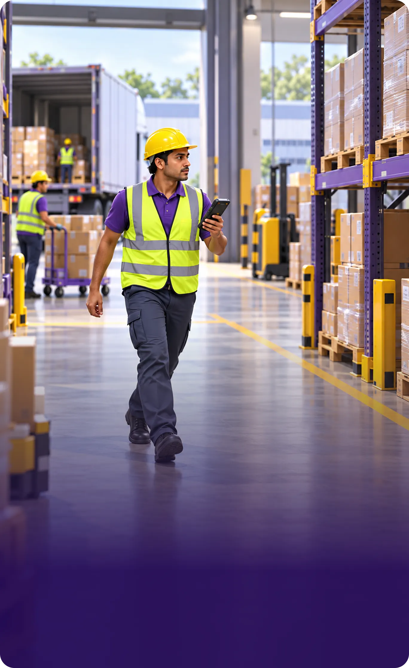 A Hexalog worker walking a warehouse aisle with a phone in hand, pallet racking either side