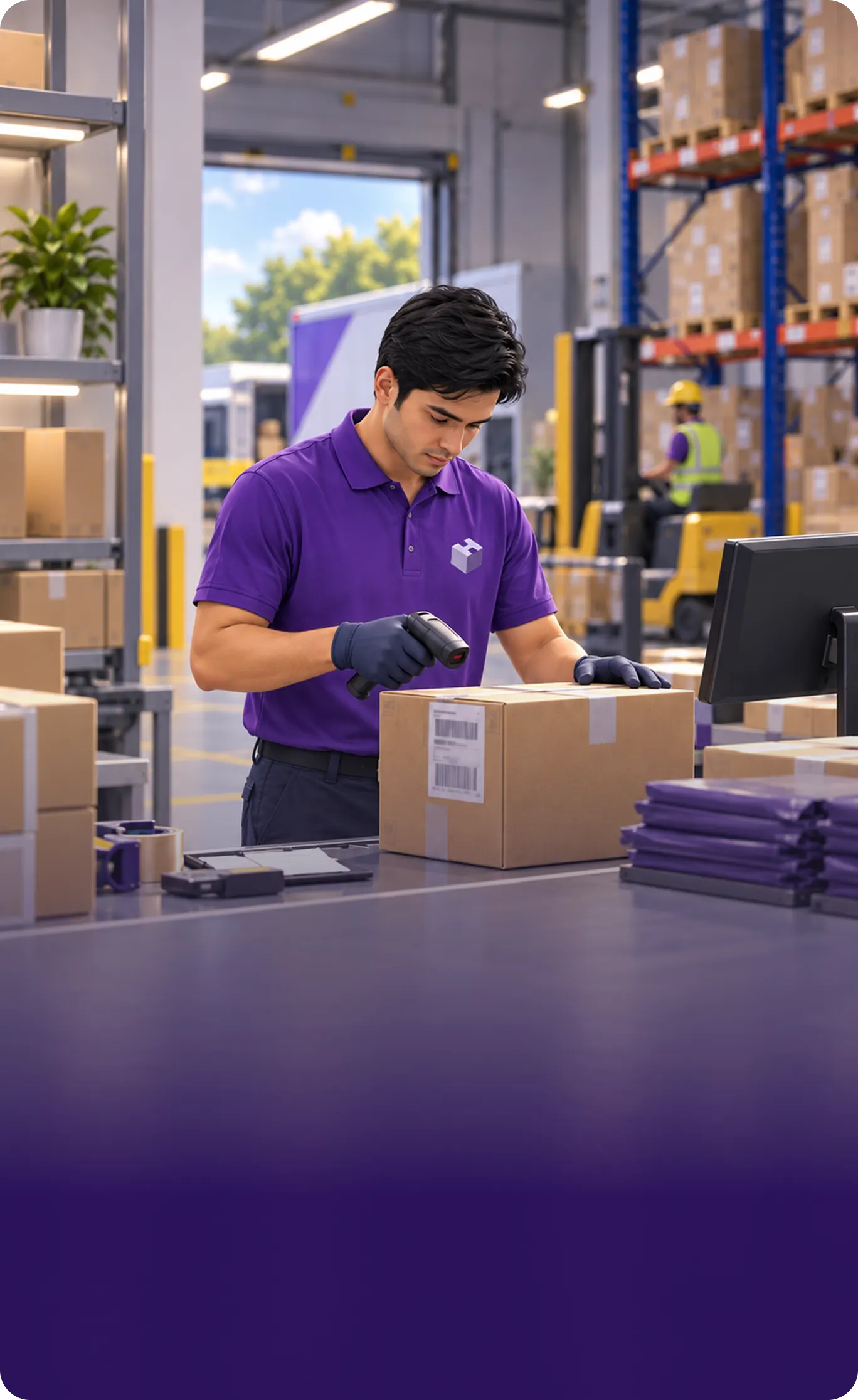 A Hexalog worker sealing a carton at a packing bench, racking stacked behind