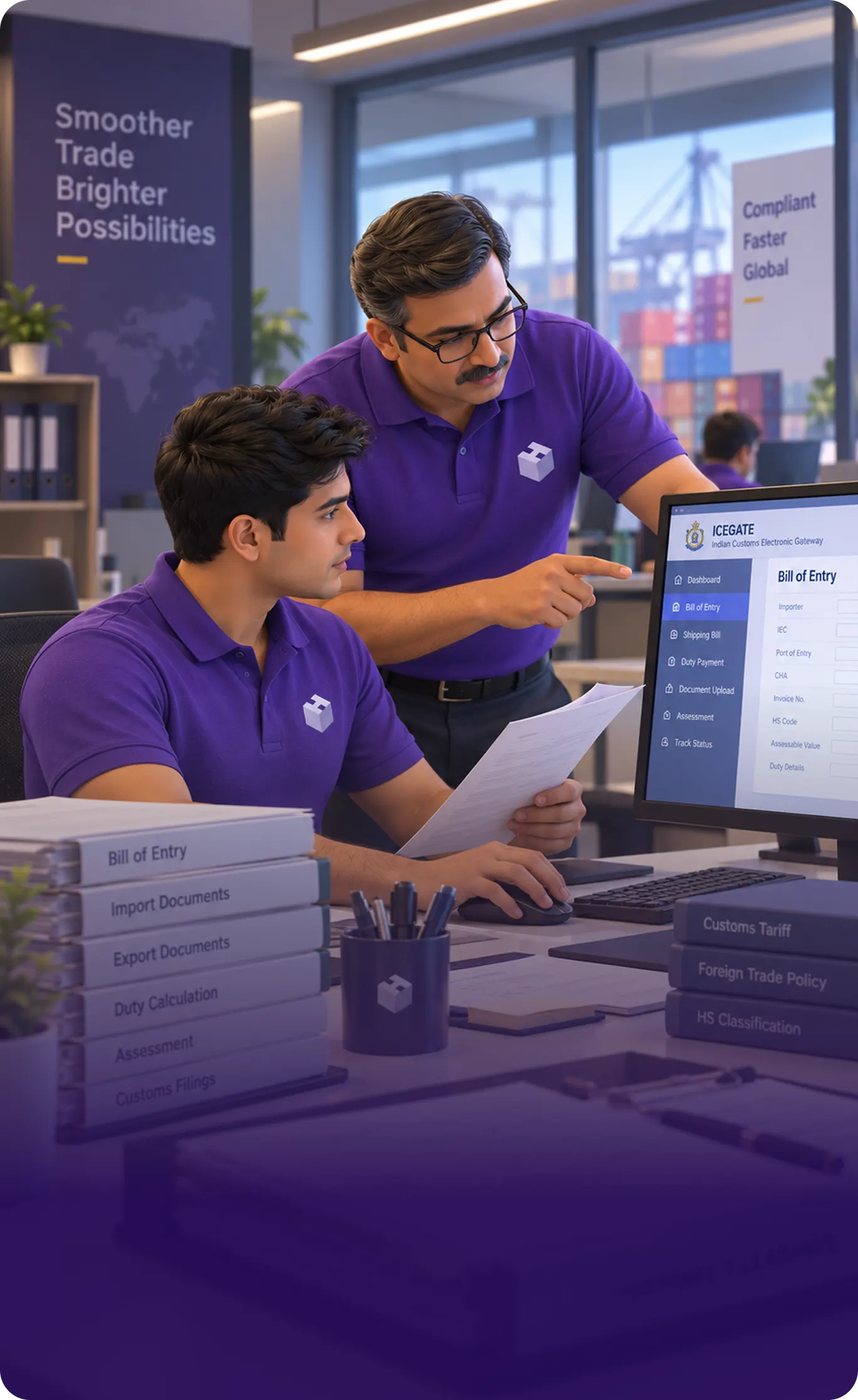 Two Hexalog colleagues going through shipment documents together at a monitor