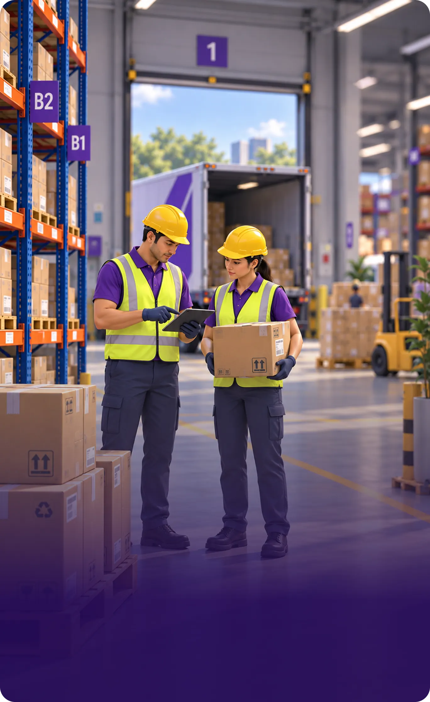 Two Hexalog warehouse staff in hi-vis vests and hard hats checking a tablet together beside an open loading bay, one holding a carton