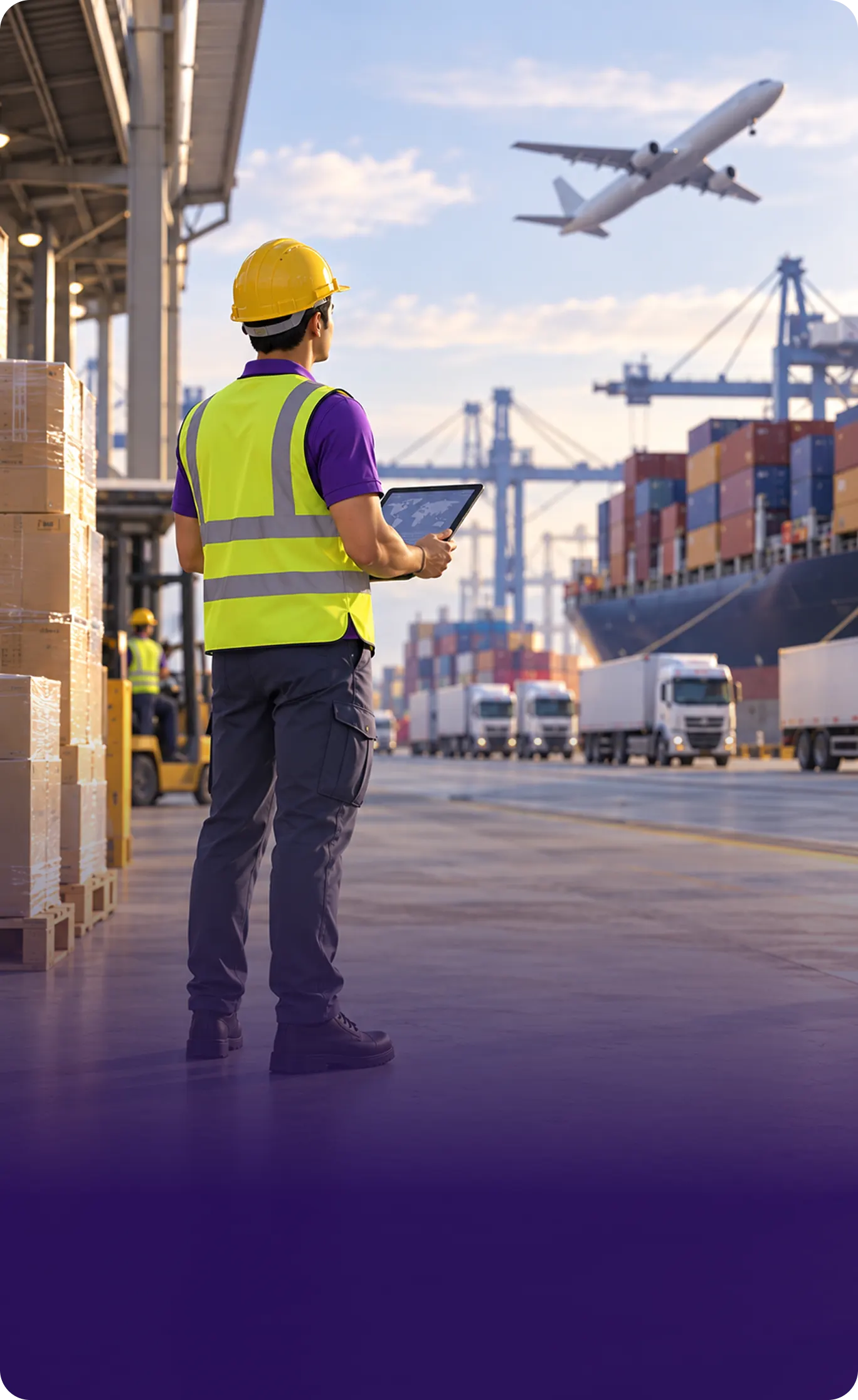 A Hexalog worker with a tablet looking out over a container terminal as a plane climbs overhead and trucks line up below