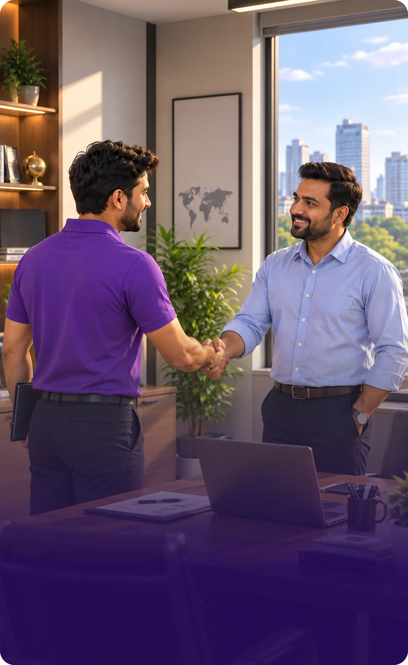 A Hexalog colleague shaking hands with a client across a desk in an office overlooking the city