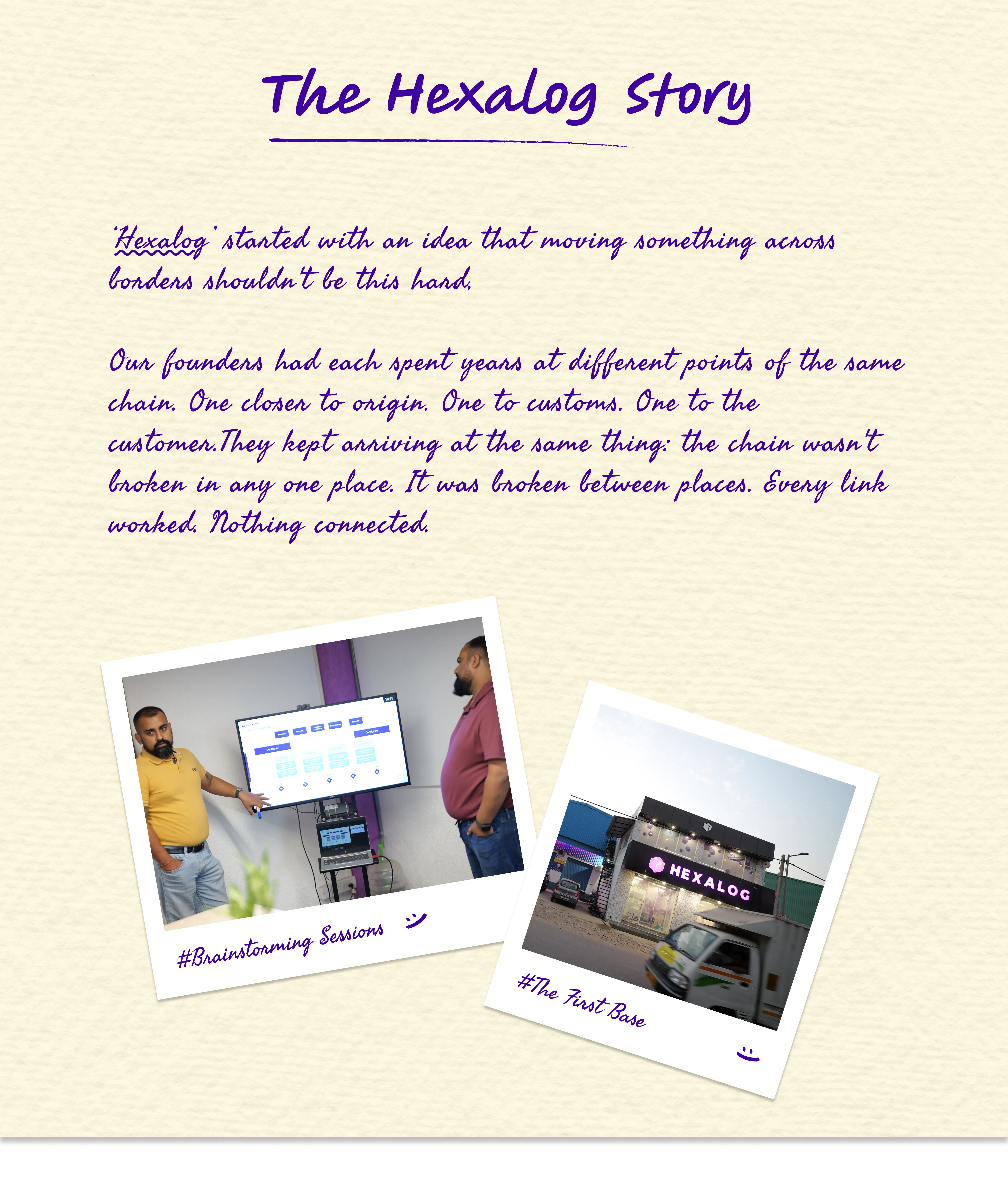 The Hexalog Story, page 1 of 3. 'Hexalog' started with an idea that moving something across a border shouldn't be this hard. Our founders had each spent years at different points of the same chain. One closer to origin. One to customs. One to the customer. They kept arriving at the same thing: the chain wasn't broken in any one place. It was broken between places. Every link worked. Nothing connected. Two photographs are pinned to the page: a founder presenting a network diagram on a screen, captioned 'Brainstorming sessions', and the first Hexalog branch lit up at night with a truck outside, captioned 'The first base'.