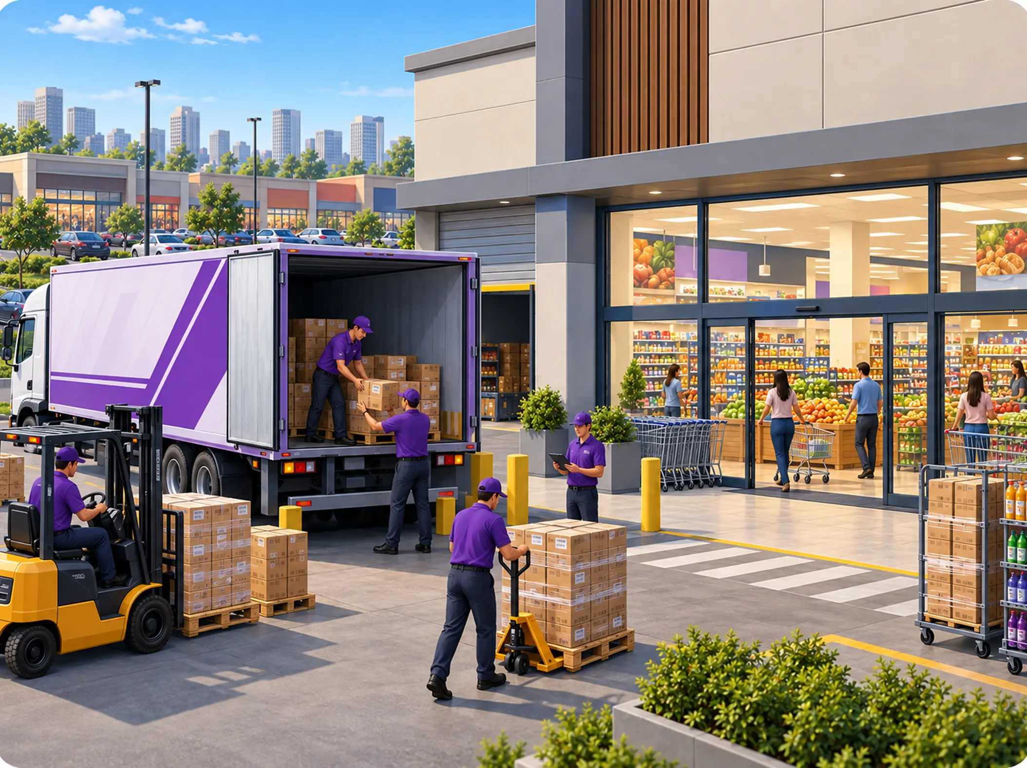 Store staff restocking shelves in a modern-trade supermarket while crates of fresh stock are wheeled in