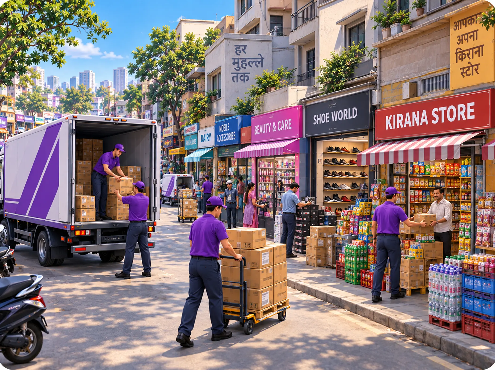 Cartons unloaded from a truck at a general-trade market while a Hexalog rep checks stock in with the shopkeeper