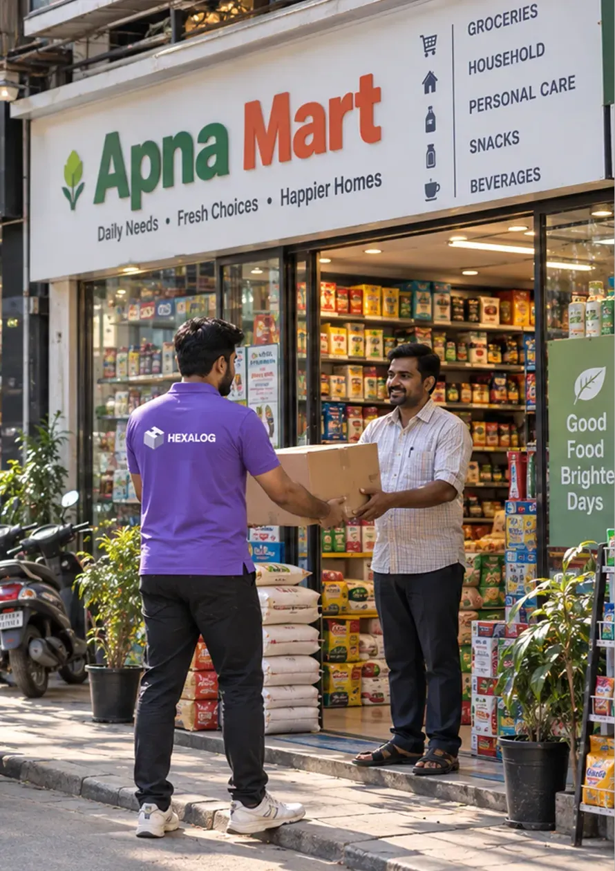 A Hexalog associate shaking hands with a partner outside a fulfilment centre