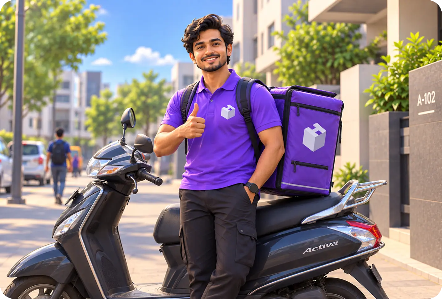A Hexalog delivery rider with a branded delivery box beside his scooter on a residential street