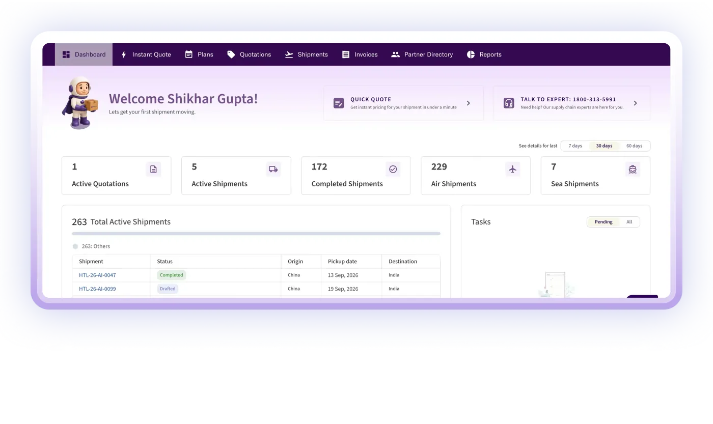 The Hexalog dashboard: quotation, shipment and invoice counters above a table of active shipments and a pending-tasks panel