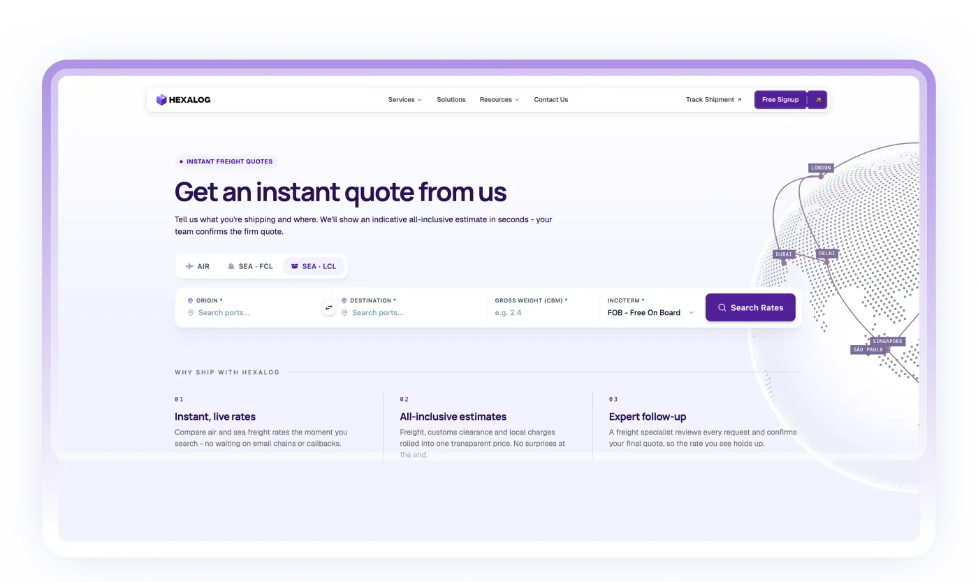 The Hexalog instant quote screen: origin, destination, gross weight and incoterm fields above air, sea-FCL and sea-LCL rate options