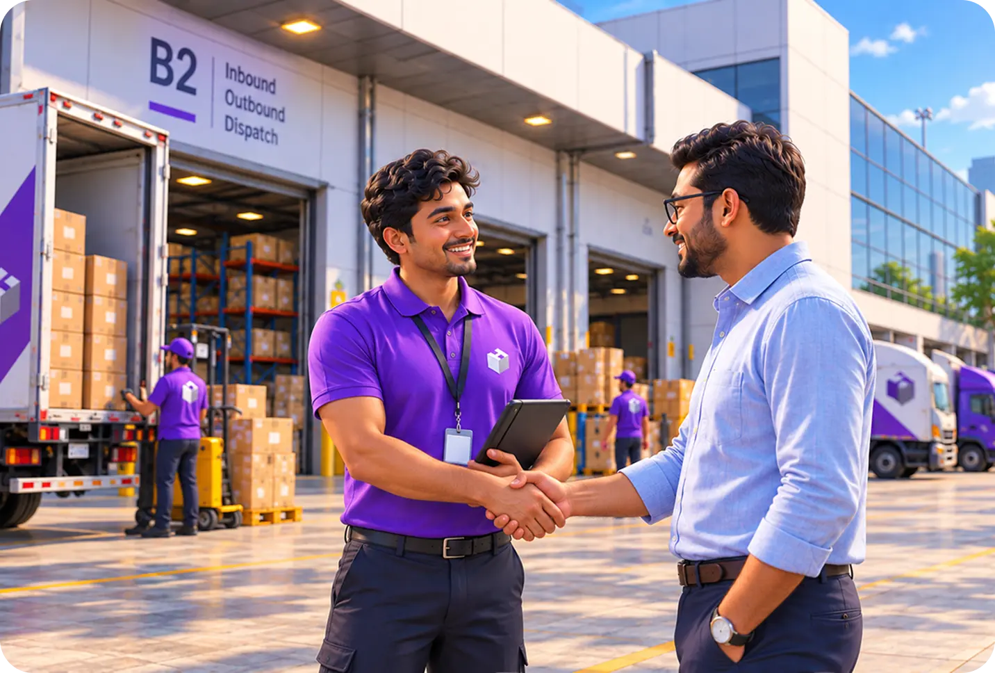 A Hexalog colleague shaking hands with a vendor outside a warehouse dispatch bay